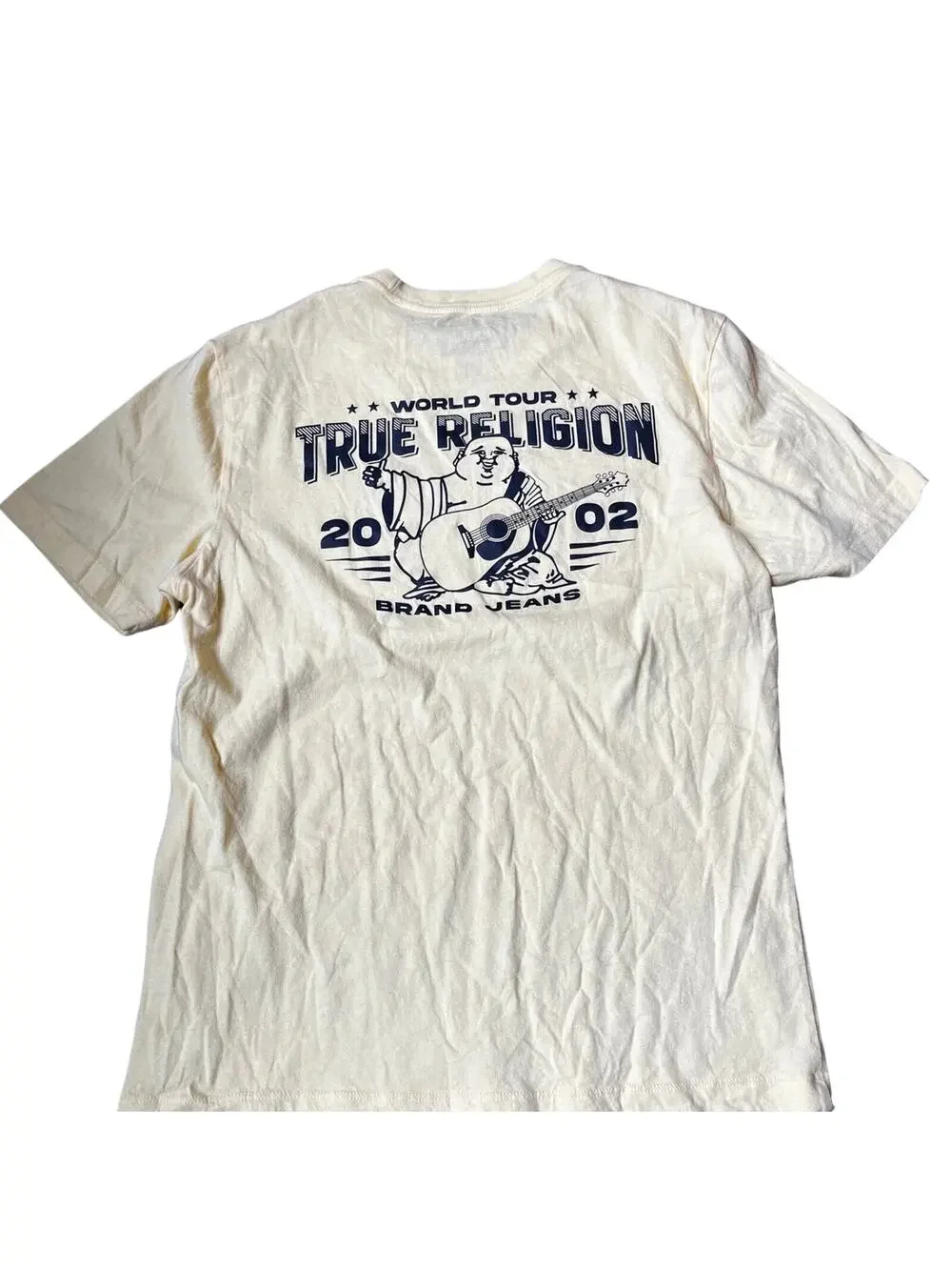 Y2K True Religion Men's MD Pale Yellow Buddha Guitar 2002 Tour Graphic T-shirt
